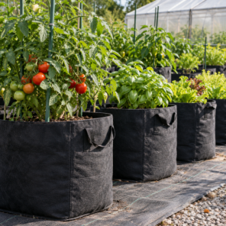 Black fabric grow bags with vegetables and herbs in an outdoor growing area