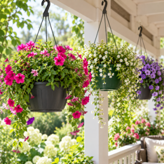 Plastic hanging flower baskets with colorful plants in an outdoor garden setting