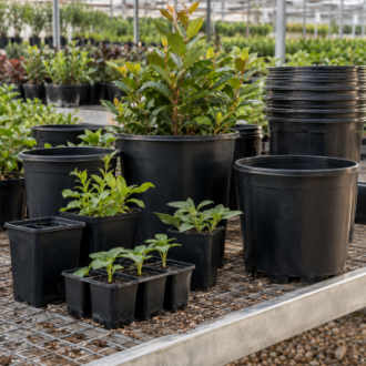 Black plastic nursery pots and growing containers in a commercial greenhouse