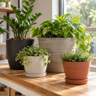 Assorted plastic plant pots in different sizes and colors for wholesale garden supply