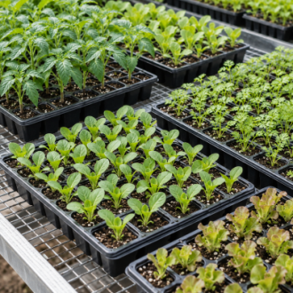 Black plastic seedling trays with young plants on a commercial nursery bench